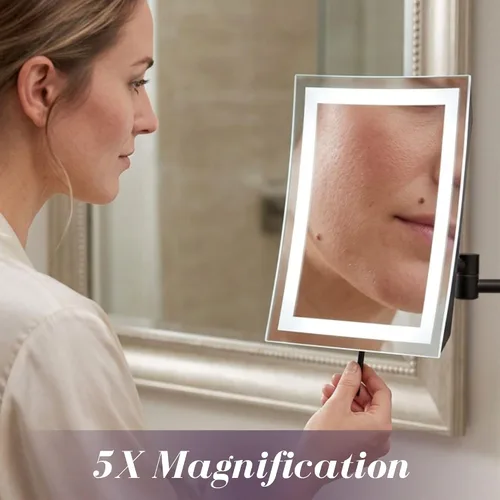 Miniatura 4 de JERDON Espejo de maquillaje rectangular para montaje en pared con aumento 5X, espejo de maquillaje de alambre directo con luces LED, negro mate