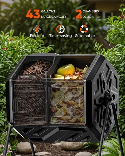 Miniatura 4 de THE GROW'ING Contenedor de compostaje actualizado de 43 galones para exteriores, compostador giratorio de montaje rápido, compostador de doble
