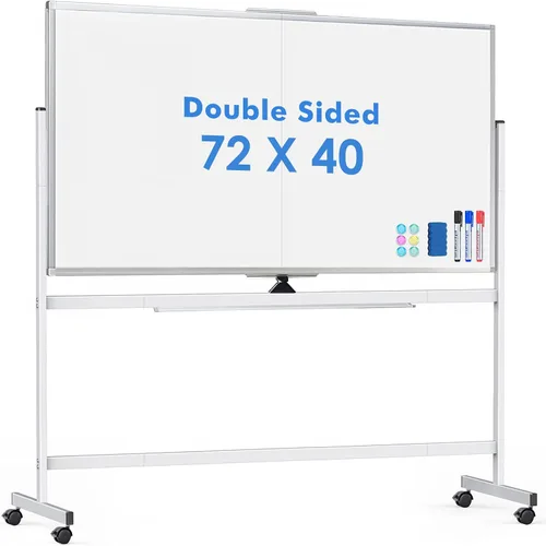 Pizarra blanca rodante de doble cara, 72 x 40 pulgadas, pizarra blanca grande con soportes, pizarra magnética reversible de 360° de borrado en seco