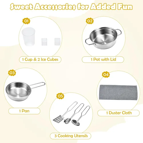 Miniatura 5 de HONEY JOY Juego de cocina para niños, cocina de doble cara para niños pequeños, horno y fregadero, dispensador de cubitos de hielo, utensilios
