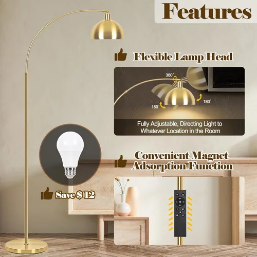 Miniatura 3 de VenzBlomia 【Actualizada】 Lámparas de pie de arco para sala de estar - lámpara alta dorada regulable sin escalones con control remoto y temperatura