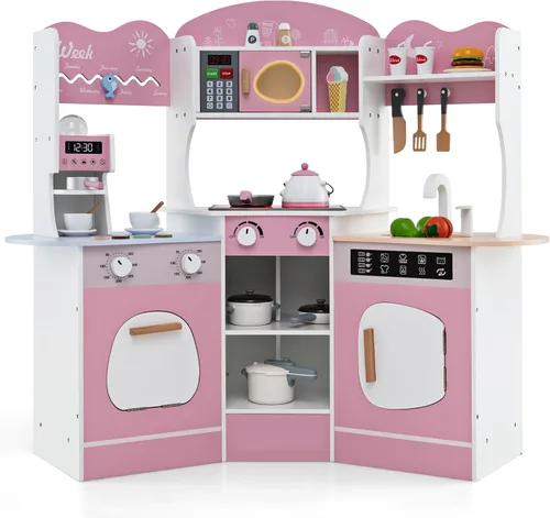 Miniatura 11 de Costzon Juego de cocina esquinera para niños, juego de cocina de juguete de madera con campana extractora de luces y sonidos, máquina de hielo