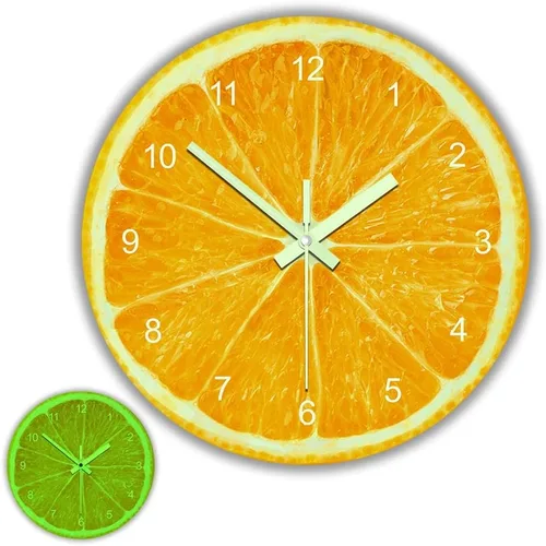 The Geeky Days Reloj de pared luminoso que brilla en la oscuridad, reloj de pared de fruta naranja, moderno, funciona con pilas, cuarzo silencioso
