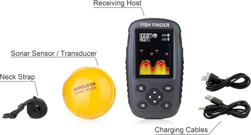 Miniatura 10 de ecosonda portátil recargable, sensor de sonar inalámbrico, localizador de profundidad con tamaño de los peces, contorno del fondo, pantalla LCD a