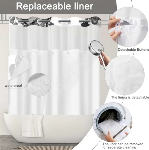 Miniatura 3 de Juego de cortina de ducha y forro sin gancho, cortinas de ducha florales negras para baño, juegos de cortinas de baño de hotel moderno con forro a