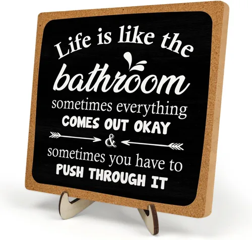 Miniatura 15 de Placa decorativa de baño, divertida placa de escritorio de madera con la vida es como el baño, letrero rústico para estante de casa de campo