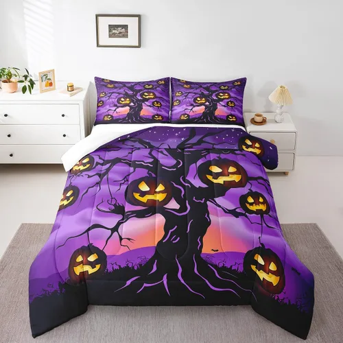 Miniatura 8 de Erosebridal Ropa de cama de Halloween para niños y niñas, juego de edredón espeluznante de dibujos animados, tamaño individual, relleno de edredón