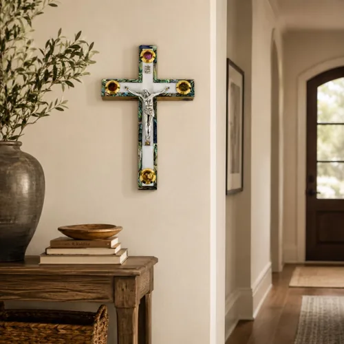 Miniatura 5 de Crucifijo de pared de cruz de madera de olivo cubierto con nácar con 4 reliquias sagradas, cruz de perla, crucifijo colgante de pared hecho