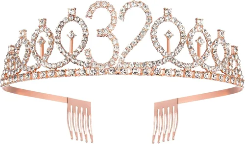 Miniatura 3 de BRT Bearingshui Tiara de cumpleaños de oro rosa, fabulosa banda y tiara para mujer, recuerdo de fiesta de cumpleaños número 32, Metal
