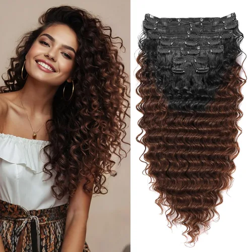 Miniatura 12 de Extensión de cabello humano con clip de onda profunda de 24 pulgadas, postizo de doble trama, sintético para mujeres, extensiones de cabello grueso