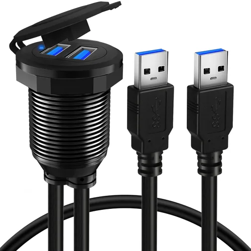 Miniatura 2 de Cable USB 3.0 de aleación de doble puerto para salpicadero de automóvil, macho a hembra, con indicador LED, cable de extensión para automóvil
