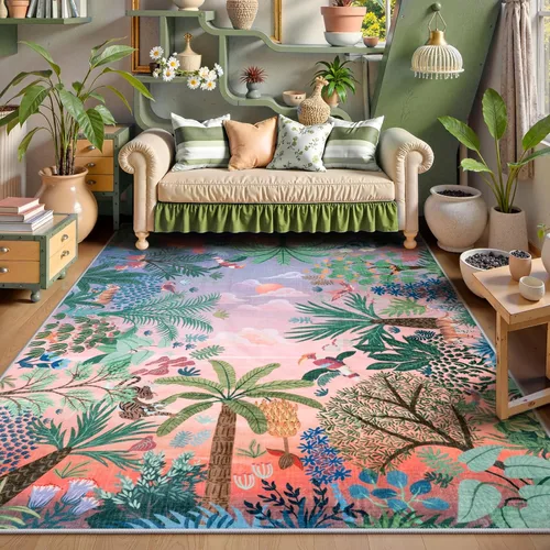 Miniatura 15 de LIVEBOX Alfombra lavable con estampado de animales de la jungla de 5 x 7 pies en azul para sala de estar, alfombras antideslizantes para dormitorio