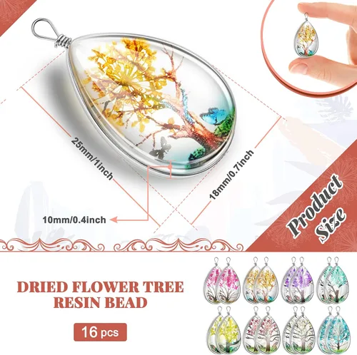 Miniatura 2 de MTLEE 16 dijes de flores secas, encajes transparentes, de resina, para hacer joyas, cuentas de colores mezclados, colgantes de agua
