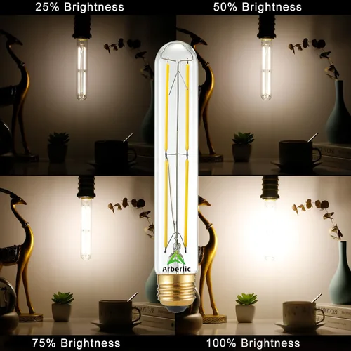 Miniatura 8 de Arberlic Bombilla LED T10 de 7.3 pulgadas, bombilla LED E26 de 6 W regulable, bombilla E26 regulable equivalente a 60 vatios, blanco neutro 4000 K