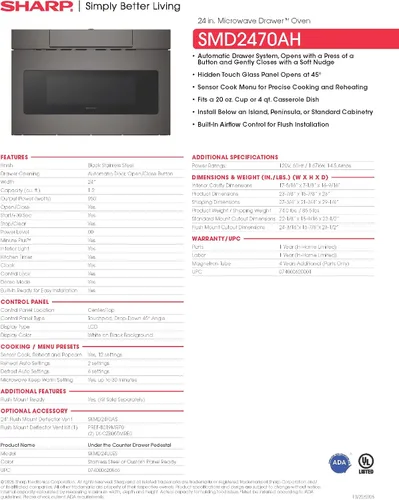 Miniatura 19 de SHARP SMD2470AH Horno de microondas con cajón, 24 pulgadas, 1.2 pies cúbicos, 950 vatios, panel de control oculto con pantalla LCD digital, acero