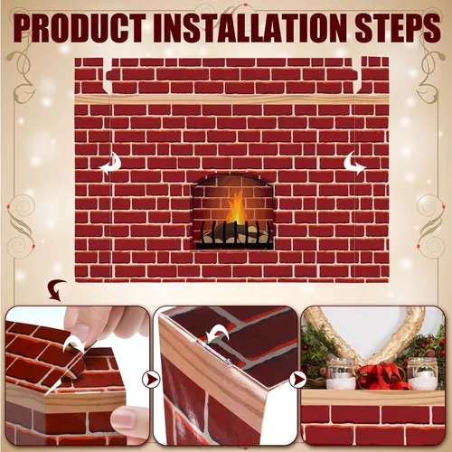 Miniatura 2 de Zhanmai Accesorios para chimenea de Navidad 3D de ladrillo sintético rojo artificial, telón de fondo de chimenea, 35.4 x 26.6 x 5.5 pulgadas
