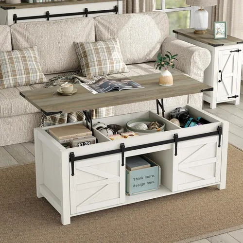 Miniatura 9 de Furnihold Mesa auxiliar de 47.3 pulgadas con almacenamiento, mesa de centro de madera de granja con parte superior elevable, puertas corredizas