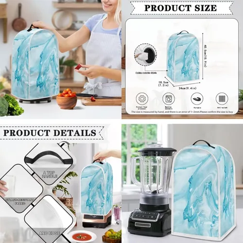 Miniatura 3 de Juego de cubiertas para electrodomésticos con textura de mármol blanco y azul lavables para cocina, cubierta para licuadora, protector contra