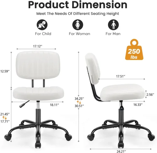Miniatura 2 de HealSmart Silla de escritorio de oficina pequeña con ruedas, silla de escritorio sin brazos con soporte lumbar, piel sintética, respaldo bajo