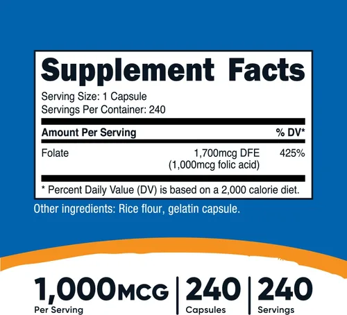 Miniatura 2 de Nutricost ácido fólico (Vitamina B9) 1000 mcg, 240 Cápsulas, 1 botella, 1