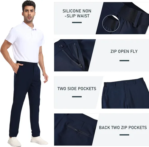 Miniatura 3 de MoFiz Pantalones de golf ajustados para hombre, con 2 bolsillos con cremallera, ligeros, elásticos, casuales, para viajes, trabajo, para hombre