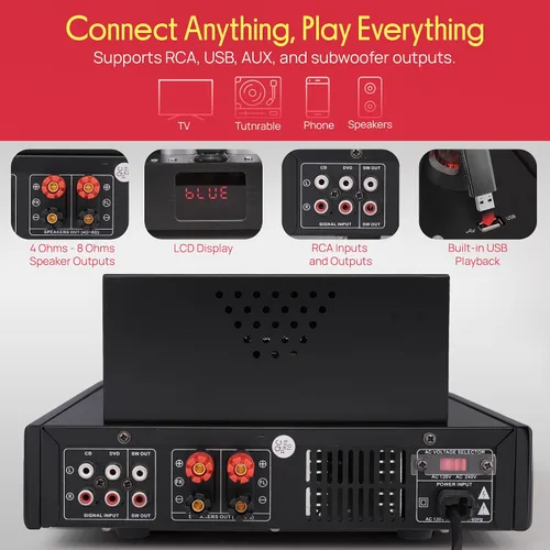 Miniatura 5 de Pyle Receptor amplificador Bluetooth con 4 tubos de vacío, sistema estéreo de audio doméstico de alta fidelidad de 500 W, lector USB, entradas