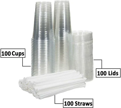 Miniatura 2 de 100 juegos (16 onzas) vasos desechables de plástico transparente con tapas planas y pajitas