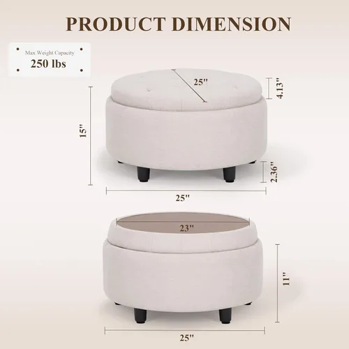 Miniatura 2 de COLAMY Otomana de almacenamiento redonda de tela con tapa de bandeja reversible – Reposapiés multifuncional, almacenamiento oculto, pequeña mesa