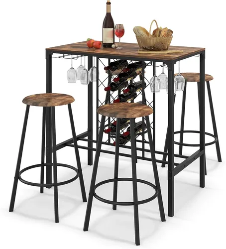 COSTWAY Juego de comedor de 5 piezas de altura de barra, mesa y taburetes para 4 personas con estantes para vino y soportes para vidrio, juego de