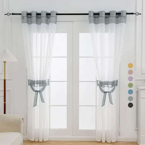Miniatura 17 de L.Z.E - Cortinas transparentes blancas y negras de 63 pulgadas de largo, 2 paneles para sala de estar, cortinas elegantes y modernas transparentes