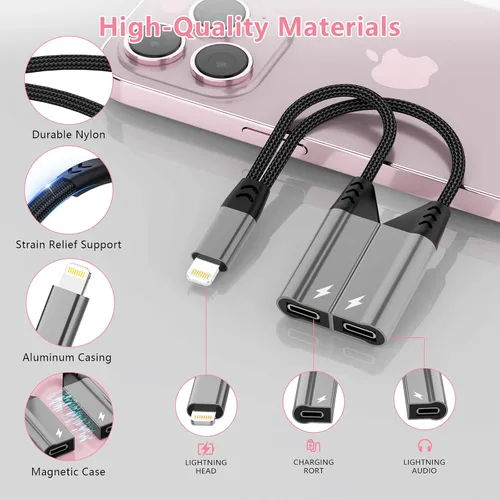 Miniatura 6 de Divisor de cable magnético 2 en 1 para iPhone a conector de audio Lightning dual para auriculares y cargador, adaptador de convertidor