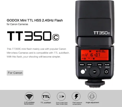 Miniatura 3 de GODOX TT350C TTL Flash para Canon, 2.4G GN36 Mini cámara Flash Speedlite HSS 1/8000s, aproximadamente 210 destellos de potencia completa, 0.1-2.2s