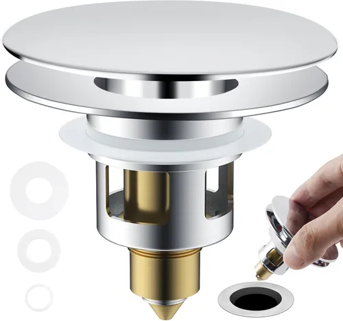 Miniatura 14 de Colador universal de drenaje para lavabo de baño, mejorado con cesta de filtro de acero inoxidable extraíble, tapón desplegable 2 en 1 para orificio