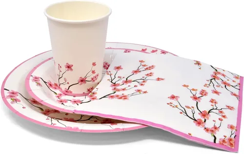 Miniatura 3 de Gift Boutique Juego de 96 piezas de suministros de fiesta de flor de cerezo rosa, plato de papel, vaso, servilleta, flores florales de primavera