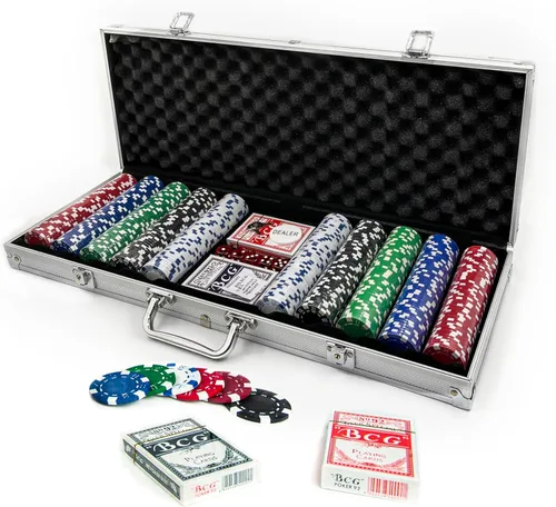 Miniatura 4 de Tradeopia Juego de 500 fichas de póquer con estuche de aluminio, incluye 1 ficha de distribuidor, 2 barajas de cartas, 5 dados rojos, juego