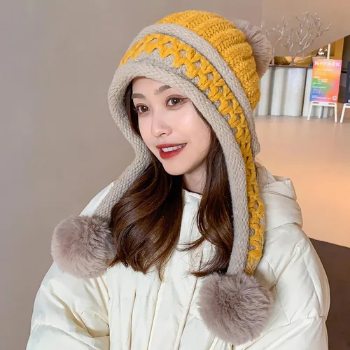 Miniatura 6 de HUAMULAN Gorro de invierno para mujer, con orejeras, con solapas, sherpa, esquí, nieve, forro polar, 3 pompones