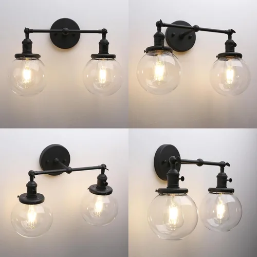 Miniatura 6 de Phansthy Aplique de pared de vidrio industrial de 2 luces, lámpara de pared de baño con interruptor de encendido y brazo oscilante, pantalla de Negro