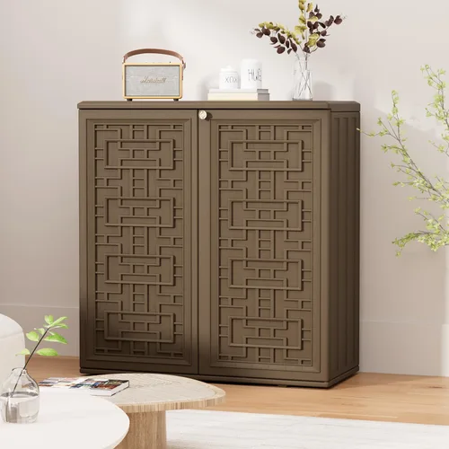 Miniatura 4 de HOMSPARK Armario de almacenamiento para interiores y exteriores con puertas y estante, caja de almacenamiento de plástico HDPE de 34 x 16 x 36 Marrón