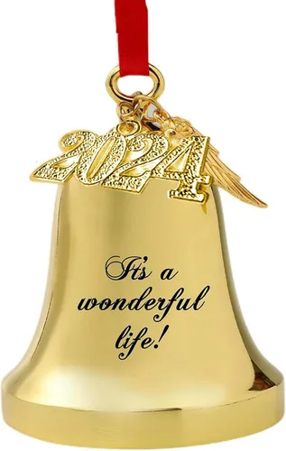 Miniatura 8 de JUPPE It's A Wonderful Life Adorno de campana de Navidad, adorno de campana dorada grabada con ala de ángel y dije 2025 (dorado)