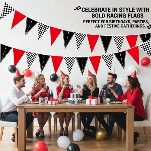 Miniatura 4 de Jetec Paquete de 5 banderines con temática de carreras de 49 pies, banderines de bandera a cuadros rojos, negros y blancos, decoraciones de fiesta