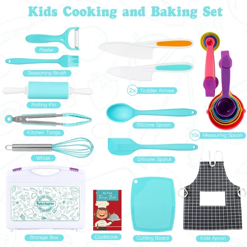 Miniatura 2 de Juegos de cocina para niños, juego de cocina y hornear con estuche de almacenamiento, cuchillos seguros para niños, tabla de cortar, delantal, libro