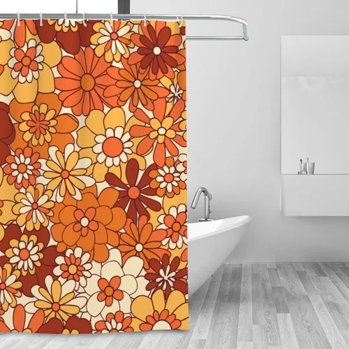 Miniatura 2 de Ohocut Cortina de ducha floral naranja, cortinas de ducha retro bohemias para baño, bonitas cortinas de baño de flores geniales, cortina de ducha