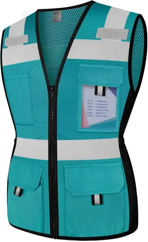 Miniatura 6 de TCCFCCT Chaleco de seguridad para mujer, chaleco reflectante de malla de 11 bolsillos con cremallera, chaleco de trabajo de construcción de neón