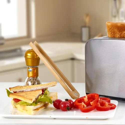 Miniatura 6 de Jowmoy 2 piezas con imán de pinzas de bambú natural para tostadas, pinzas para tostadas, pinzas de bambú, diseño antideslizante, para tostadora, 4