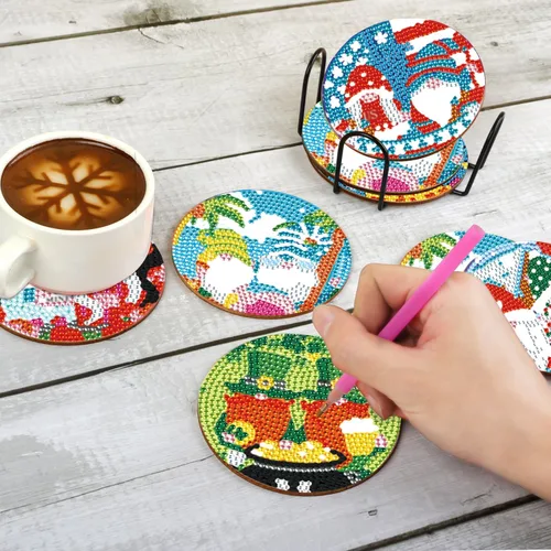 Miniatura 5 de Kit de 8 posavasos de pintura de diamante con soporte, posavasos de gnomo 5D de diamante, manualidades de arte de diamante, posavasos de diamante 8