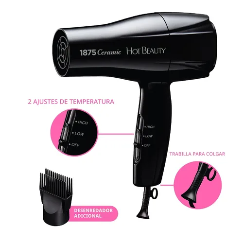 Miniatura 3 de Secador de pelo cerámico de 1875 vatios Hot Beauty, potente y de secado rápido, con múltiples configuraciones con peine integrado, desenredante