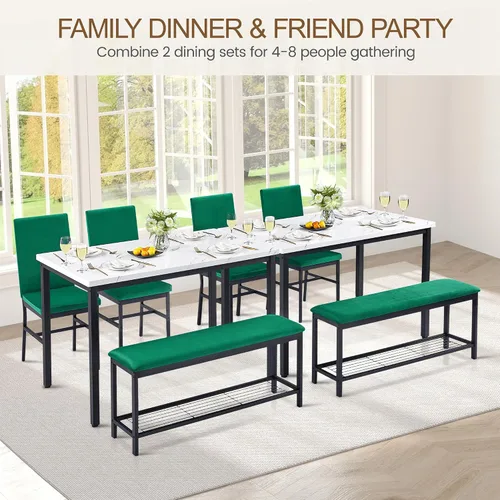 Miniatura 8 de Juego de mesa de comedor para 4, juego de mesa de cocina de mármol sintético de 47.2 pulgadas con sillas y banco tapizados de terciopelo, juego