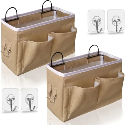 Miniatura 8 de Kanrichu 2 bolsas organizadoras para colgar en la pared, cesta de almacenamiento para colgar en la puerta de tela de lino con bolsillos, contenedor