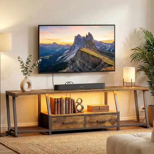 Miniatura 9 de RALGEND Soporte de TV LED para TV de 80 pulgadas, centro de entretenimiento con estantes abiertos y tomas de corriente, mesa consola de TV