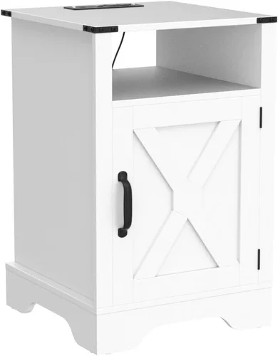 Miniatura 5 de FansaFurn Mesita de noche de granja con estación de carga, mesa auxiliar rústica de madera para dormitorio, sala de estar, 16 pulgadas de Blanco